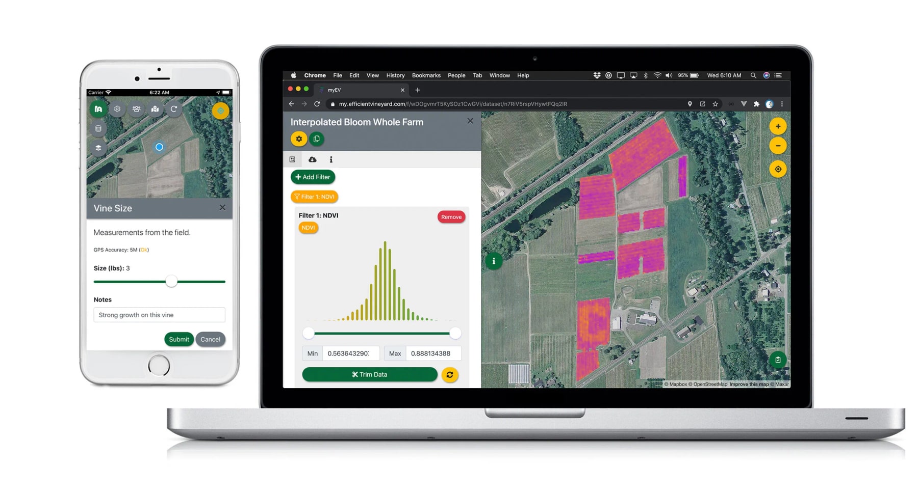 The Every.Farm platform on desktop and mobile — a laptop showing an interpolated whole-farm NDVI map with histogram filter controls, beside a phone capturing field measurements.
