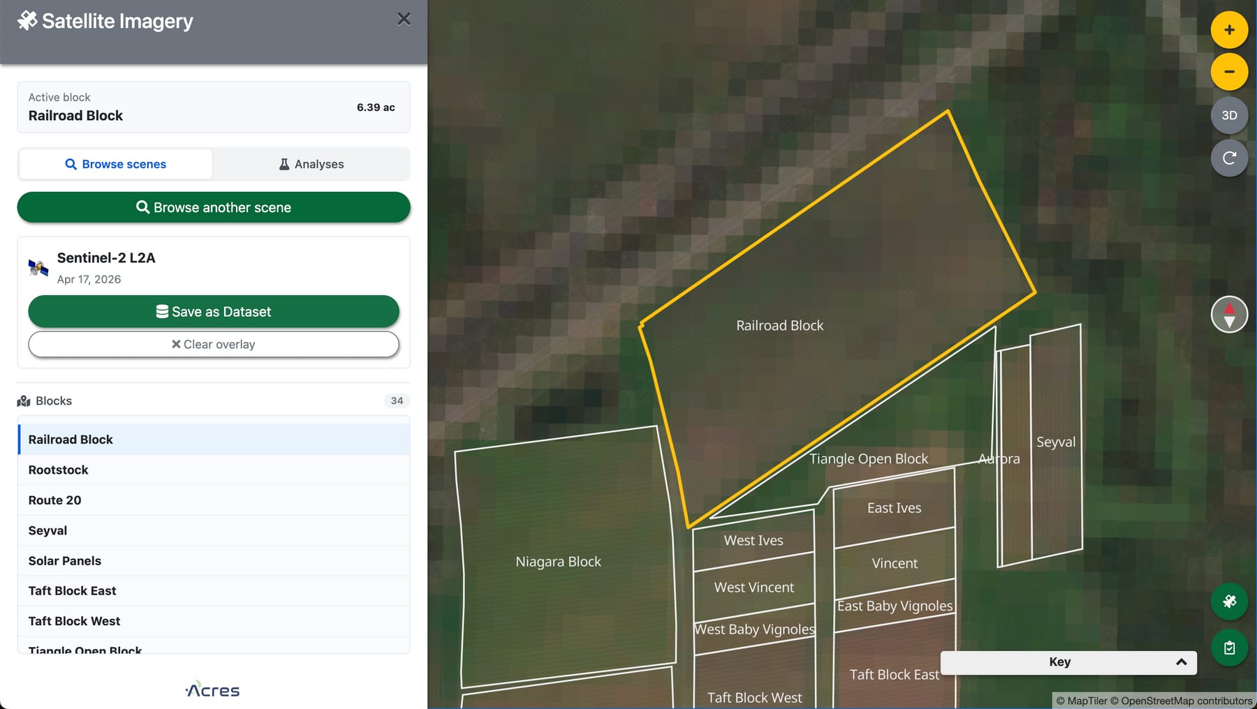 The Every.Farm Satellite Imagery panel showing a Sentinel-2 L2A scene loaded over a vineyard, with the Railroad Block highlighted.