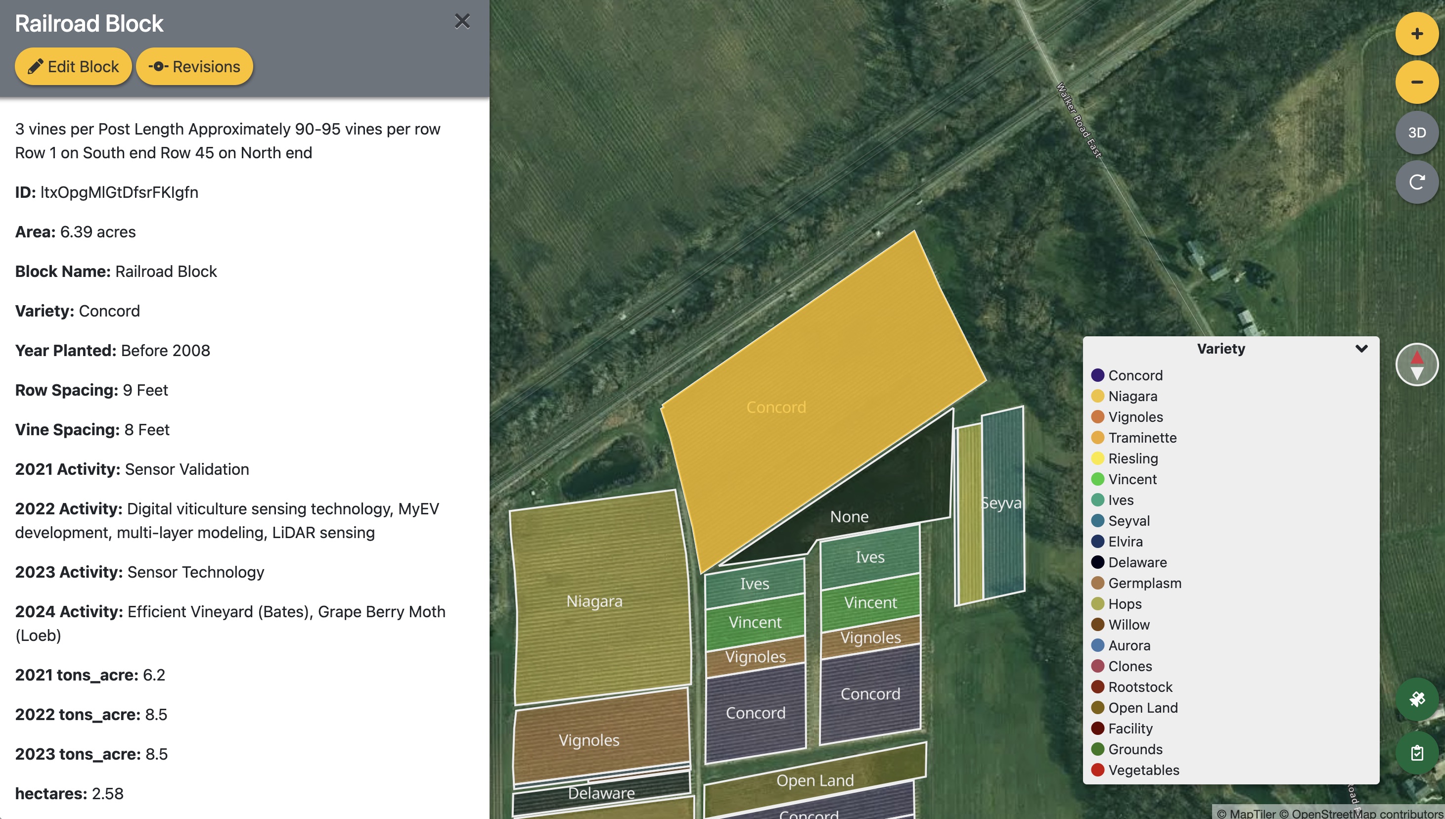 Railroad Block selected — the sidebar shows variety, acreage, planting year, row and vine spacing, and a multi-year activity and yield history