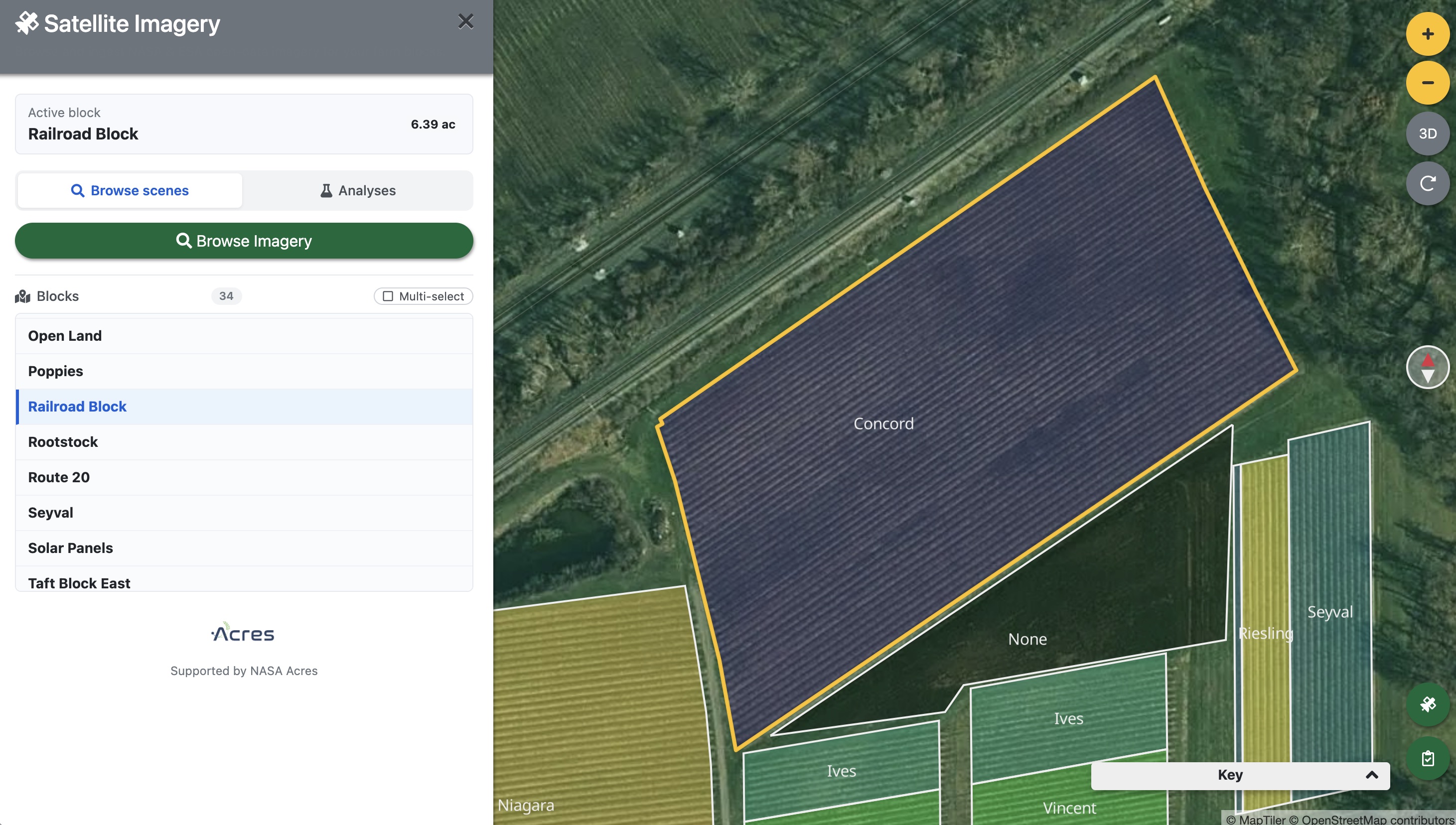 The Satellite Imagery plugin open on Railroad Block, showing the Browse scenes tab and a list of the farm's 34 blocks
