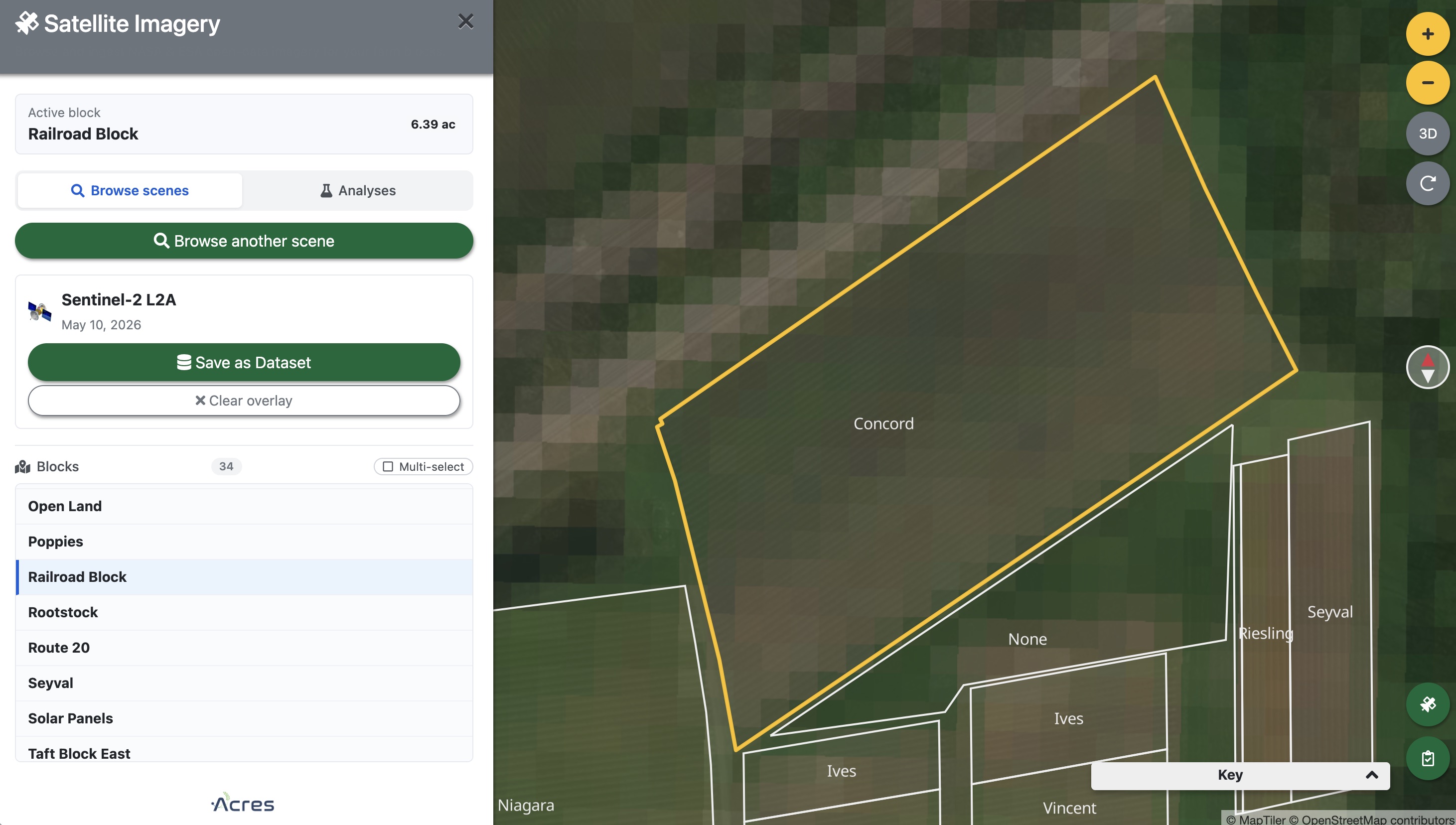 The Sentinel-2 scene rendered as a live overlay on the CLEREL farm, with "Save as Dataset" and "Clear overlay" buttons in the sidebar