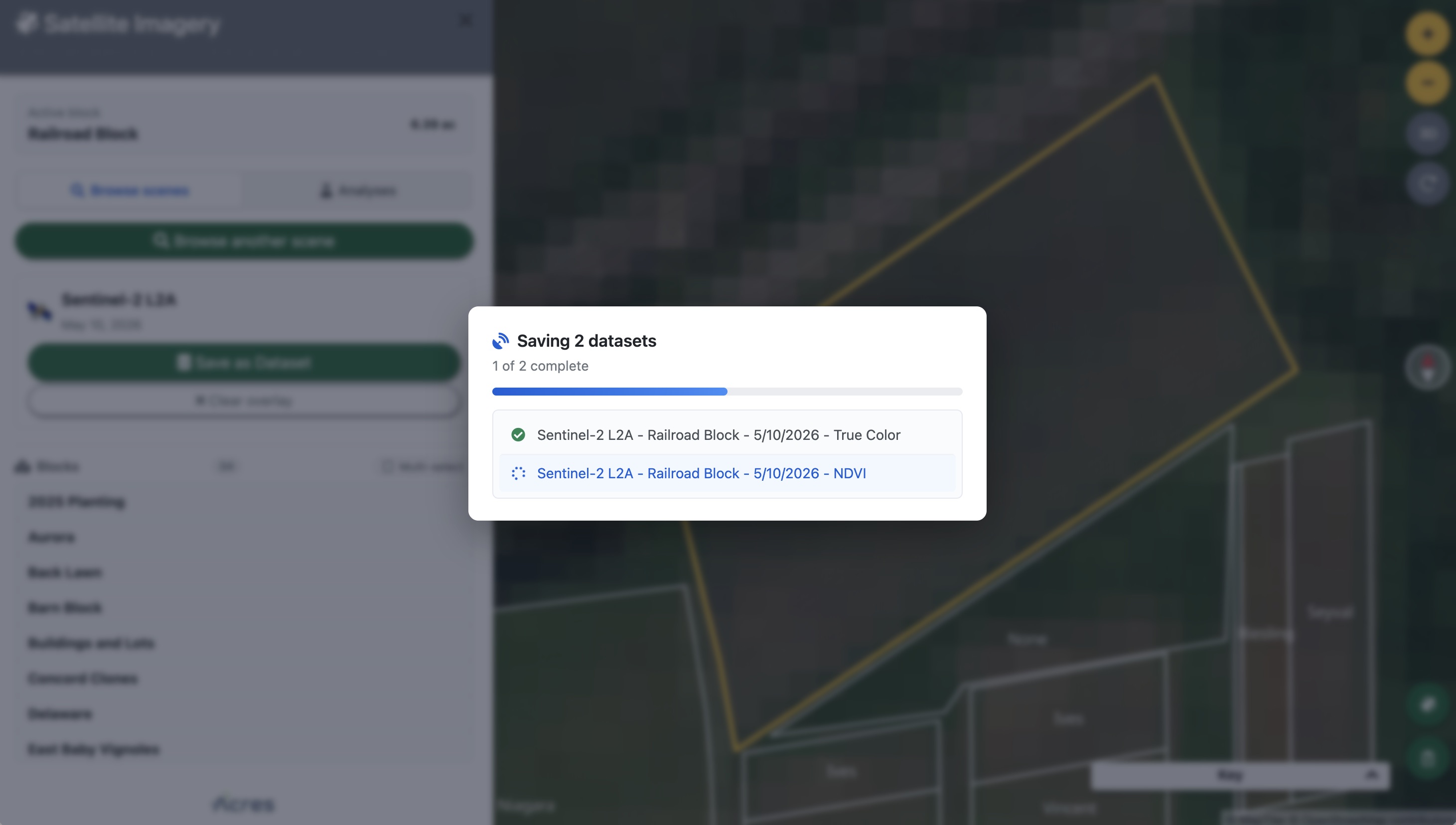 The save progress modal showing "Saving 2 datasets" — True Color Composite completes first while the NDVI dataset processes behind it