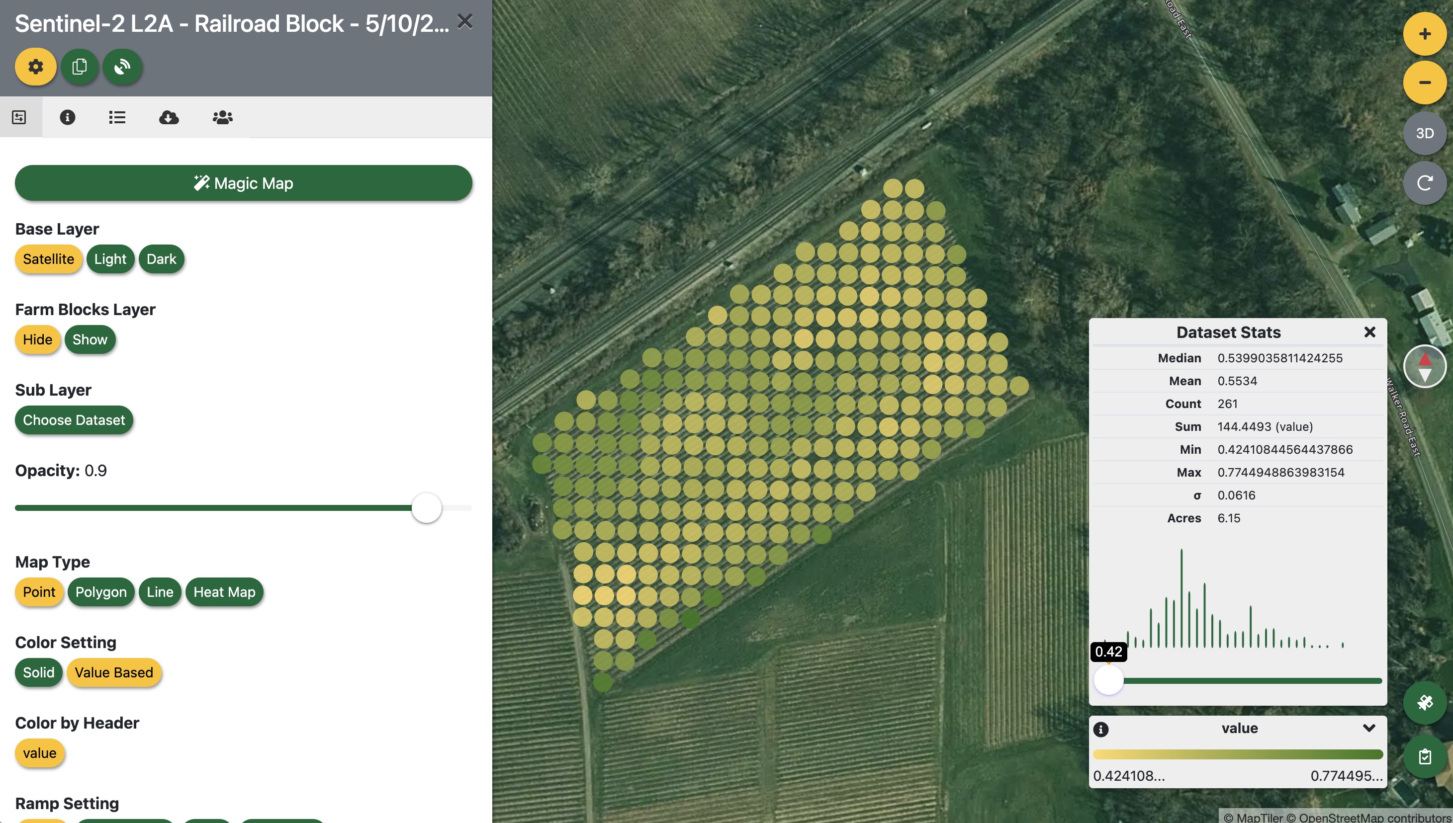 NDVI rendered on the Railroad Block as a vector grid — each dot is one 3-meter cell, colored from yellow (lower NDVI, ~0.42) to green (higher NDVI, ~0.77). The stats panel shows a median of 0.53 across 281 cells covering 6.15 acres